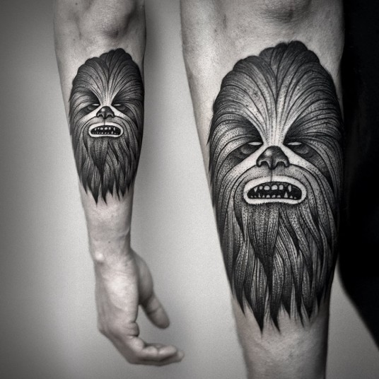  A dotwork style tattoo forming the Star Wars Chewbacca chatacter.