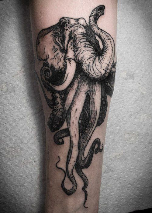  A photo of an elephant octopus hybrid tattoo fine in a surreal style.