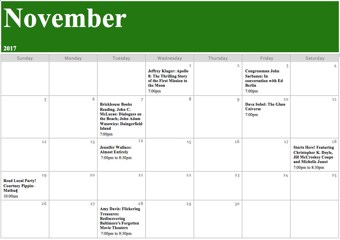 Calendar of events for the Ivy for the month of November