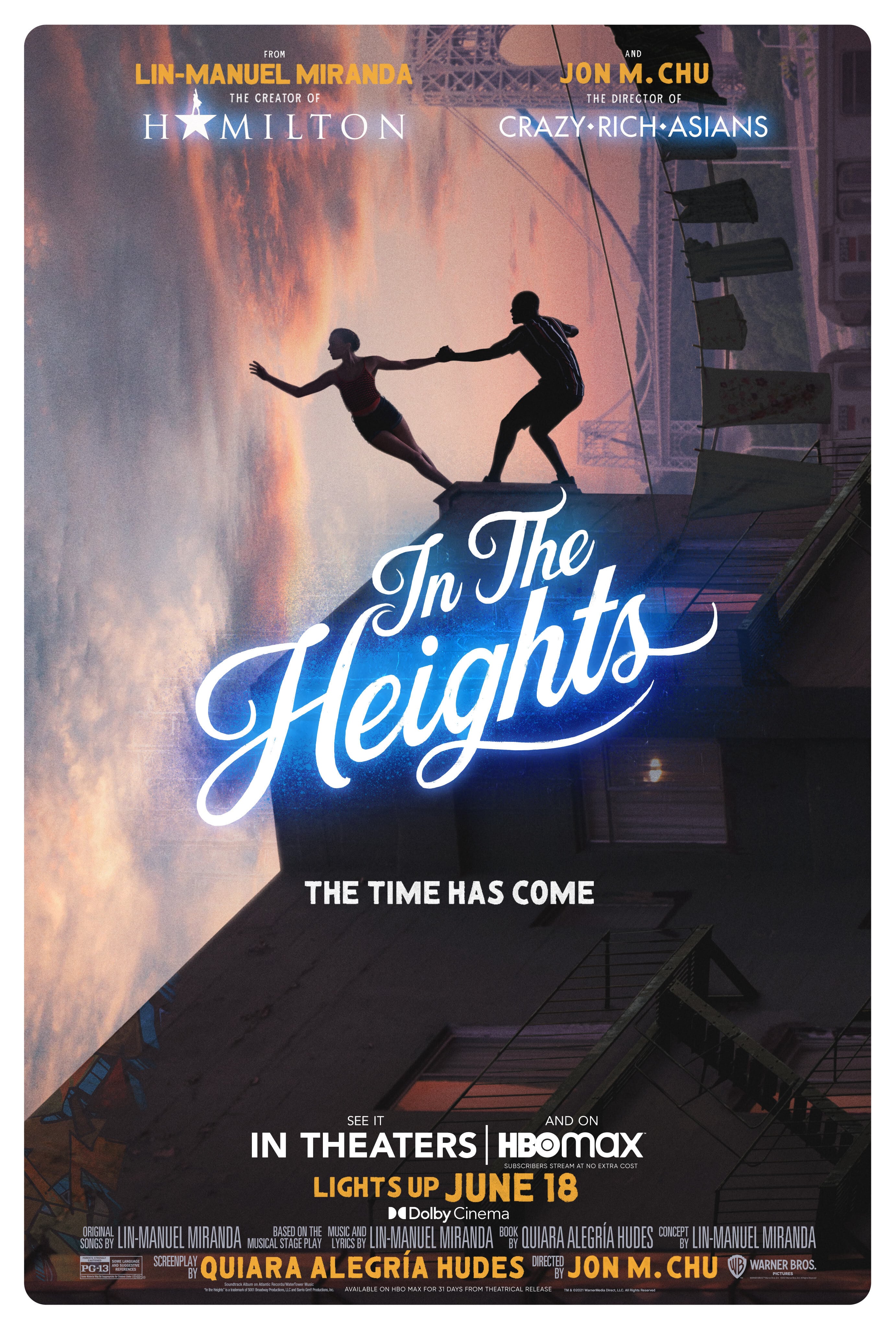 New In the Heights movie poster of a couple dancing on the side of a building.