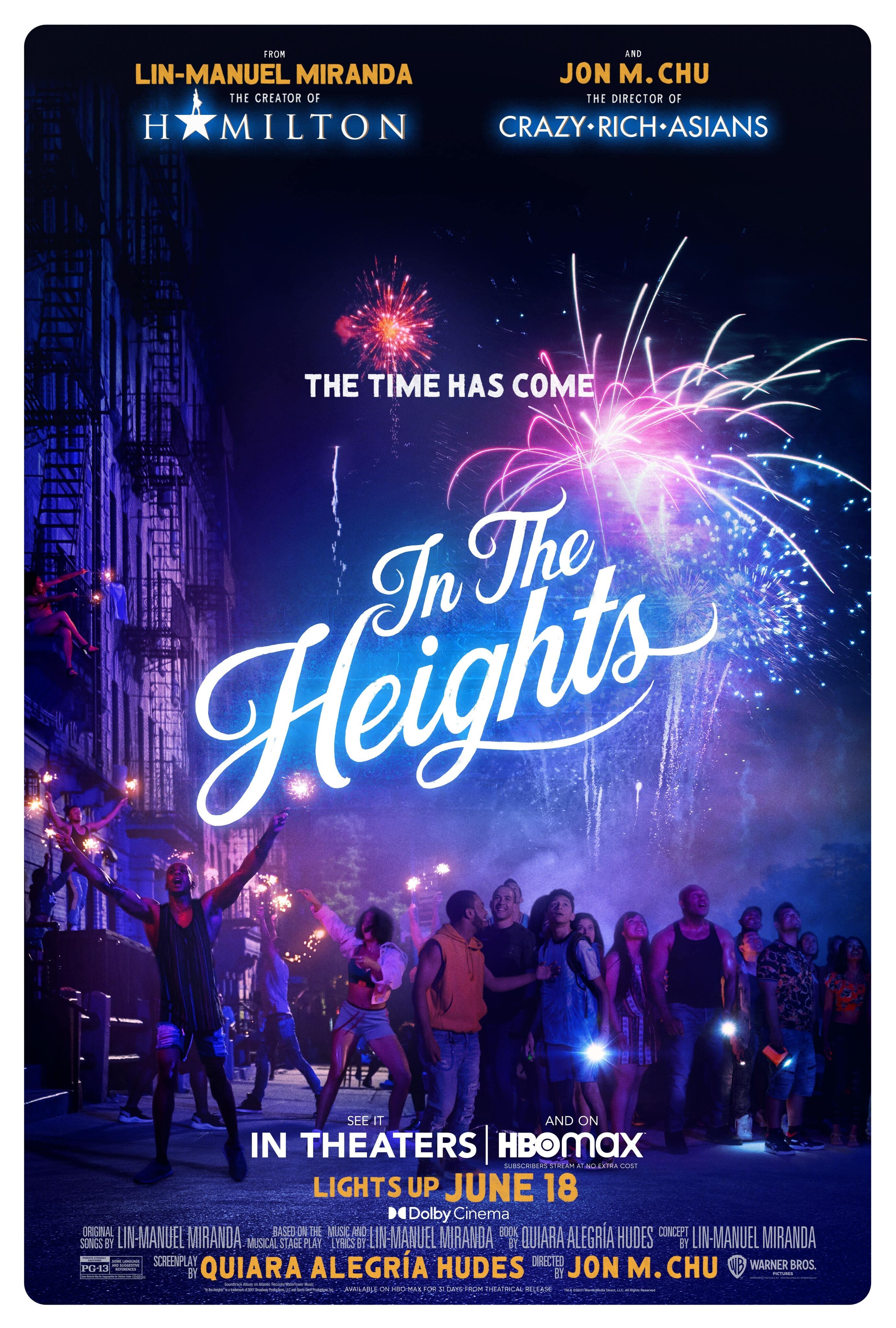 New In the Heights movie poster of people celebrating in the street with fireworks