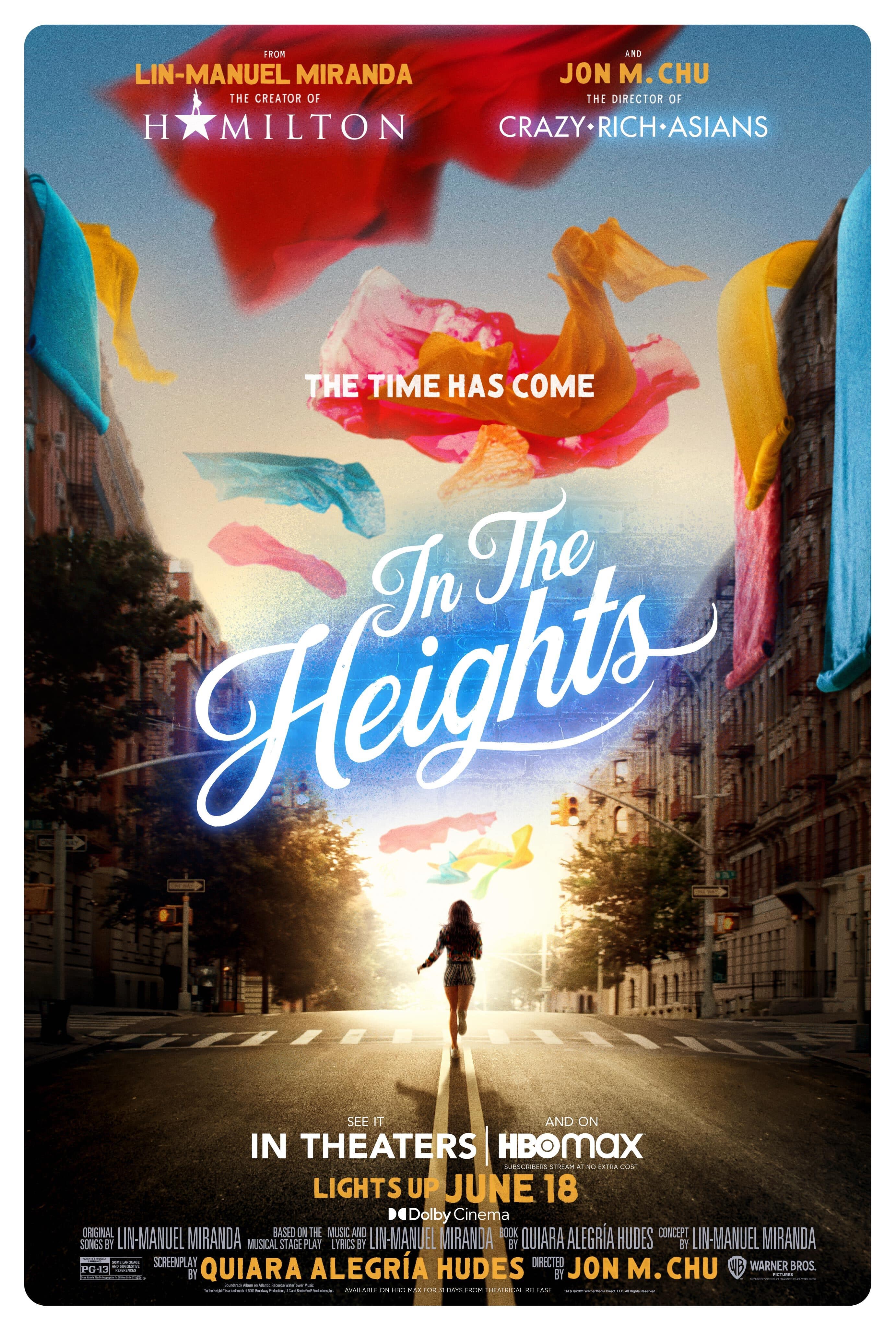 New In the Heights movie poster of a person walking down the street with colorful flags.