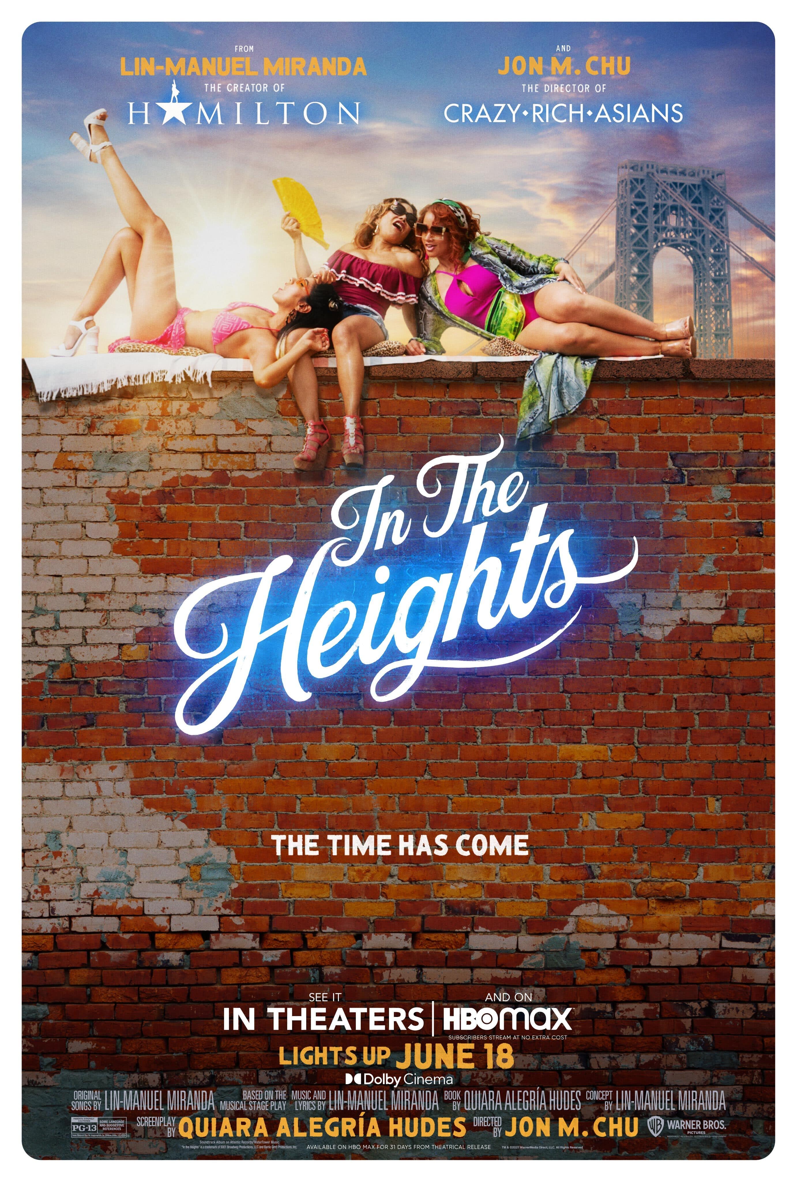 New In the Heights movie poster of three friends lounging on top of a wall.