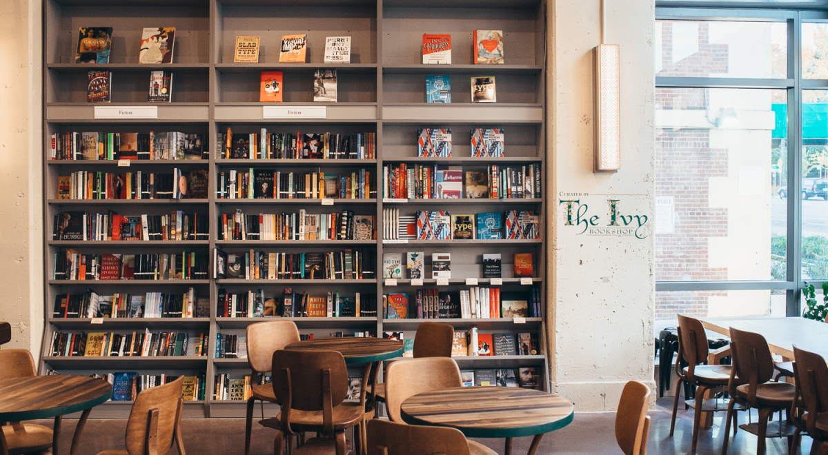 A big book shelf in one of the Ivy's locations.
